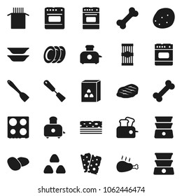 Flat vector icon set - spatula vector, toaster, oven, double boiler, plates, cereal, pasta, potato, steak, chicken leg, breads, bone