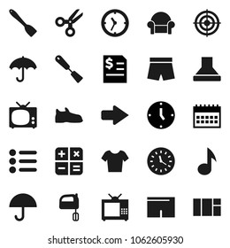 Flat vector icon set - spatula vector, mixer, scissors, music, annual report, clock, calendar, snickers, shorts, t shirt, target, umbrella, arrow, cushioned furniture, tv, calculator, menu, hood