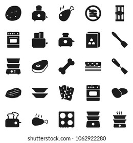 Flat vector icon set - spatula vector, toaster, oven, double boiler, plates, cereal, pasta, potato, steak, chicken leg, breads, no fastfood, bone