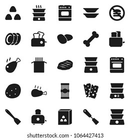 Flat vector icon set - spatula vector, toaster, double boiler, plates, cereal, pasta, potato, steak, chicken leg, breads, no fast food, bone, oven