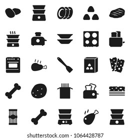 Flat vector icon set - spatula vector, toaster, oven, double boiler, plates, cereal, pasta, potato, steak, chicken leg, breads, bone