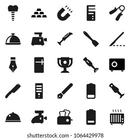 Flat vector icon set - spatula vector, knife, blender, dish, pen, award cup, magnet, safe, gold ingot, hand trainer, battery, scalpel, tooth implant, fridge, meat grinder, toaster, computer, heater