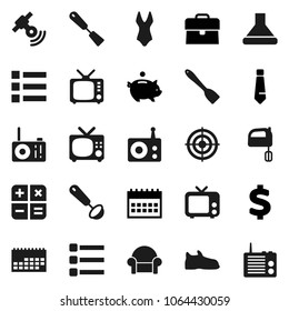 Flat vector icon set - spatula vector, ladle, mixer, piggy bank, case, tie, calendar, dollar sign, sneakers, swimsuit, target, radio, satellite, tv, menu, cushioned furniture, calculator, hood