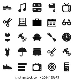 Flat vector icon set - spatula vector, mixer, glasses, scissors, abacus, music, case, calendar, snickers, shorts, swimsuit, target, clock, umbrella, satellite, tv, menu, cushioned furniture