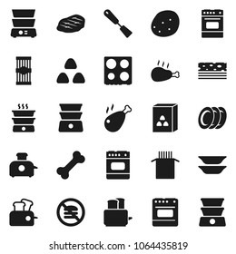 Flat vector icon set - spatula vector, toaster, oven, double boiler, plates, cereal, pasta, potato, steak, chicken leg, breads, no fast food, bone