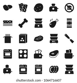Flat vector icon set - spatula vector, toaster, oven, double boiler, plates, cereal, pasta, potato, steak, chicken leg, breads, no fastfood, bone