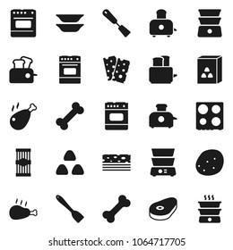 Flat vector icon set - spatula vector, toaster, oven, double boiler, plates, cereal, pasta, potato, steak, chicken leg, breads, bone