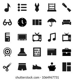 Flat vector icon set - spatula vector, glasses, abacus, music, piggy bank, case, clock, snickers, shorts, swimsuite, target, umbrella, scissors, cushioned furniture, tv, menu, hood, computer, window
