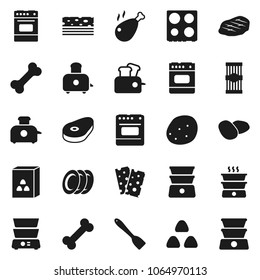 Flat vector icon set - spatula vector, toaster, oven, double boiler, plates, cereal, pasta, potato, steak, chicken leg, breads, bone