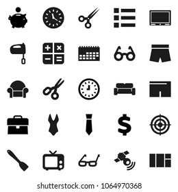 Flat vector icon set - spatula vector, mixer, glasses, scissors, piggy bank, case, clock, tie, dollar sign, shorts, swimsuite, target, calendar, satellitie, tv, cushioned furniture, calculator, menu