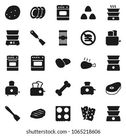Flat vector icon set - spatula vector, toaster, oven, double boiler, plates, cereal, pasta, potato, steak, chicken leg, breads, no fastfood, bone