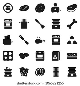 Flat vector icon set - spatula vector, toaster, oven, double boiler, plates, cereal, pasta, potato, steak, chicken leg, breads, no fastfood, bone