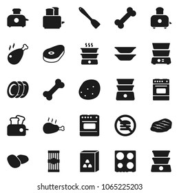 Flat vector icon set - spatula vector, toaster, oven, double boiler, plates, cereal, pasta, potato, steak, chicken leg, no fastfood, bone