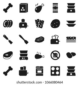 Flat vector icon set - spatula vector, toaster, oven, double boiler, plates, cereal, pasta, potato, steak, chicken leg, breads, no fastfood, bone