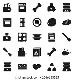 Flat vector icon set - spatula vector, toaster, oven, double boiler, plates, cereal, pasta, potato, steak, chicken leg, breads, no fastfood, bone