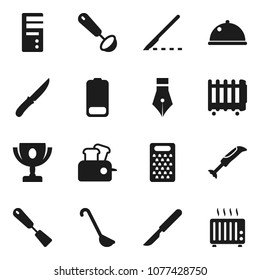 Flat vector icon set - spatula vector, ladle, knife, grater, dish, pen, award cup, battery, scalpel, toaster, blender, computer, heater