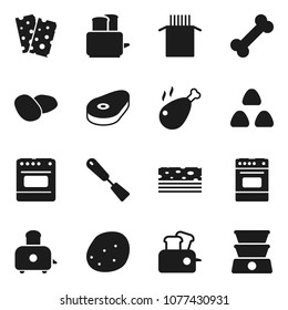 Flat vector icon set - spatula vector, toaster, oven, cereal, pasta, potato, steak, chicken leg, breads, bone, double boiler