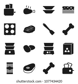 Flat vector icon set - spatula vector, toaster, oven, double boiler, plates, cereal, pasta, potato, steak, chicken leg, breads, bone