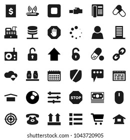 Flat vector icon set - spices vector, schedule, pie graph, cart, arrow up, target, pills, calendar, money, receipt, dry cargo, top sign, protected, radio, classic phone, link, stop button, equalizer