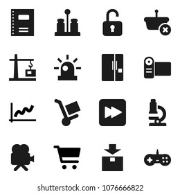 Flat vector icon set - spices vector, copybook, microscope, graph, cart, package, video camera, forward button, siren, fridge, construction crane, basket, trolley, unlock, gamepad
