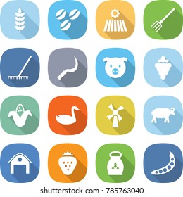 flat vector icon set - spike vector, coffee seeds, field, fork, rake, sickle, pig, grape, corn, goose, windmill, sheep, barn, strawberry, fertilizer, peas