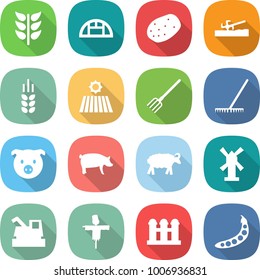 flat vector icon set - spikelets vector, greenhouse, potato, soil cutter, spike, field, fork, rake, pig, sheep, windmill, harvester, scarecrow, grain elevator, peas