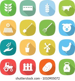 flat vector icon set - spikelets vector, bunker, spike, cow, field, shovel, fork, pig, harvest, seedling, windmill, chicken, tractor, grain elevator, potato, fertilizer
