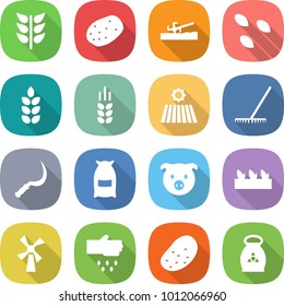 flat vector icon set - spikelets vector, potato, soil cutter, seeds, spike, field, rake, sickle, flour, pig, seedling, windmill, sow, fertilizer