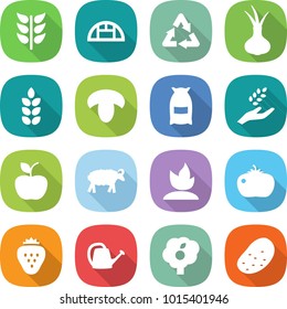 flat vector icon set - spikelets vector, greenhouse, recycle, onion, spike, mushroom, flour, harvest, apple, sheep, sprouting, tomato, strawberry, watering can, garden, potato