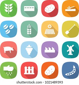 flat vector icon set - spikelets vector, bunker, potato, soil cutter, coffee seeds, spike, field, shovel, pig, grape, seedling, windmill, sow, grain elevator, peas