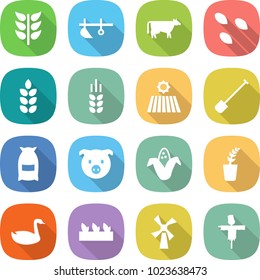 flat vector icon set - spikelets vector, plow, cow, seeds, spike, field, shovel, flour, pig, corn, seedling, goose, windmill, scarecrow