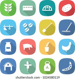 flat vector icon set - spikelets vector, bunker, greenhouse, potato, plow, coffee seeds, shovel, rake, flour, pig, seedling, chicken, barn, scarecrow, fertilizer, peas