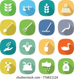 flat vector icon set - spikelets vector, plow, spike, field, shovel, fork, rake, sickle, harvest, corn, seedling, goose, windmill, harvester, sow, fertilizer