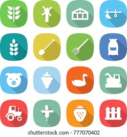 flat vector icon set - spikelets vector, windmill, greenhouse, plow, spike, shovel, fork, flour, pig, grape, goose, harvester, tractor, scarecrow, strawberry, grain elevator