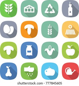 flat vector icon set - spikelets vector, greenhouse, recycle, vegetable oil, eggs, mushroom, spike, field, flour, corn, apple, pear, sow, tomato, watering can