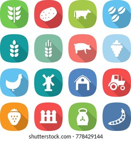 flat vector icon set - spikelets vector, potato, cow, coffee seeds, spike, pig, grape, chicken, windmill, barn, tractor, strawberry, grain elevator, fertilizer, peas