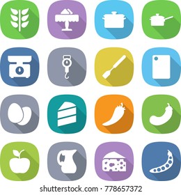 flat vector icon set - spikelets vector, restaurant, pan, saute, kitchen scales, handle, spatula, cutting board, eggs, cake, hot pepper, eggplant, apple, jug, cheese, peas