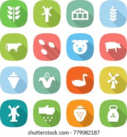 flat vector icon set - spikelets vector, windmill, greenhouse, spike, cow, seeds, pig, grape, corn, goose, sow, strawberry, fertilizer