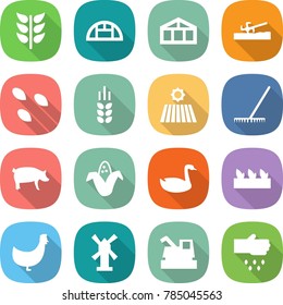 flat vector icon set - spikelets vector, greenhouse, soil cutter, seeds, spike, field, rake, pig, corn, goose, seedling, chicken, windmill, harvester, sow