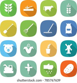 flat vector icon set - spikelets vector, soil cutter, cow, spike, shovel, fork, rake, flour, pig, corn, seedling, windmill, harvester, scarecrow, sow, potato