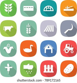 flat vector icon set - spikelets vector, bunker, greenhouse, soil cutter, cow, spike, field, sickle, corn, goose, barn, tractor, scarecrow, sow, grain elevator, potato