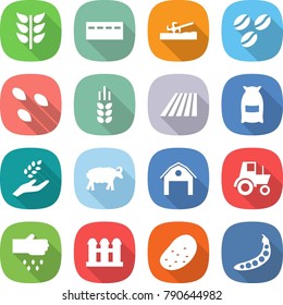 flat vector icon set - spikelets vector, bunker, soil cutter, coffee seeds, spike, field, flour, harvest, sheep, barn, tractor, sow, grain elevator, potato, peas