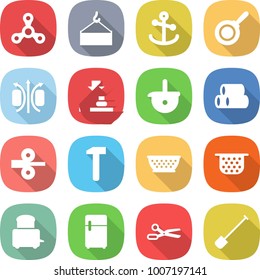 flat vector icon set - spinner vector, loading crane, anchor, pan, magnetic field, press, ladle, pipes, metal rolling, hammer, colander, toaster, fridge, scissors, shovel
