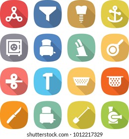 flat vector icon set - spinner vector, funnel, tooth implant, anchor, safe, toaster, stands for knives, pan, metal rolling, hammer, colander, knife, shovel, water pump
