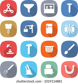 flat vector icon set - spinner vector, funnel, tools, nail, tooth implant, loading, fridge, magnetic field, press, hammer, colander, big spoon, fork, knife holder, toaster, horseshoe