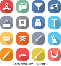 flat vector icon set - spinner vector, scales weight, funnel, loading, crane, safe, toaster, hammer, colander, big fork, knife holder, scissors, shovel, horseshoe