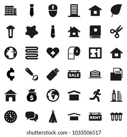 Flat vector icon set - splotch vector, toilet paper, towel, ladle, scissors, leaf, money bag, tie, cent sign, run, earth, clock, document, dry cargo, dialog, heart cross, house, plan, sale signboard