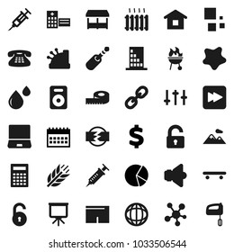Flat vector icon set - splotch vector, bbq, calculator, presentation, world, pie graph, calendar, dollar sign, measuring, shorts, skateboard, cereals, speaker, settings, notebook pc, classic phone