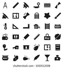 Flat vector icon set - splotch vector, welcome mat, washboard, rolling pin, thermometer, chicken leg, pen, pencil, corner ruler, drawing compass, glass, tulip, big scales, Railway carriage, cottage