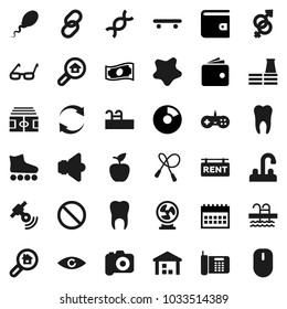 Flat vector icon set - splotch vector, water tap, glasses, apple fruit, pie graph, wallet, cash, calendar, stadium, jump rope, roller Skates, skateboard, pool, prohibition sign, warehouse, camera